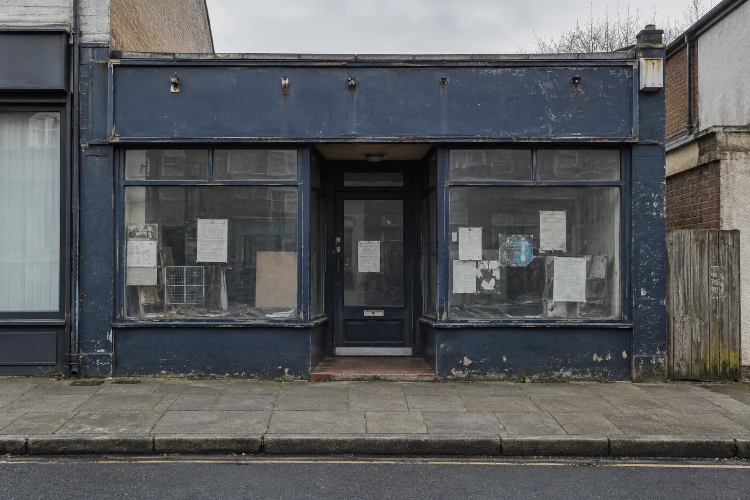 Illustrative neglected shopfront with faded signage and cluttered windows